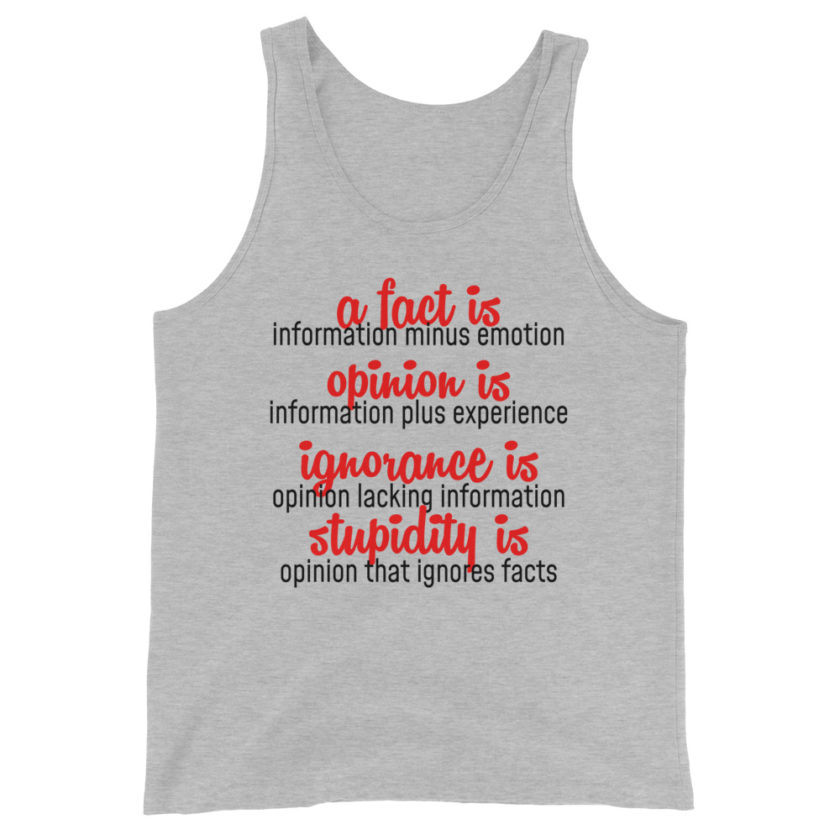 A fact is information minus emotion, oppinion is information plus experience, Ignorance is opinion lacking information, stupidity is an opinion that ignores facts. Unisex Tank Top - Image 2