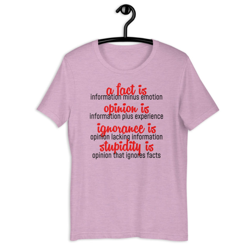 A fact is information minus emotion, opinion is information plus experience, Ignorance is opinion lacking information, stupidity is an opinion that ignores facts. Short-Sleeve Unisex T-Shirt - Image 7