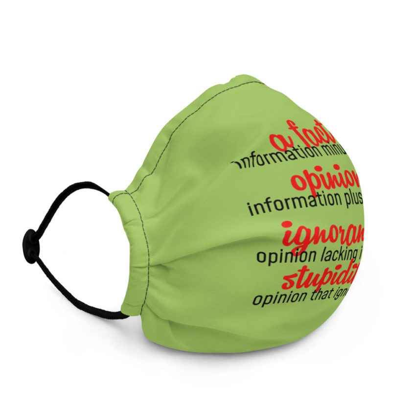 A fact is information minus emotion, opinion is information plus experience, Ignorance is opinion lacking information, stupidity is an opinion that ignores facts  Premium face mask - Image 3