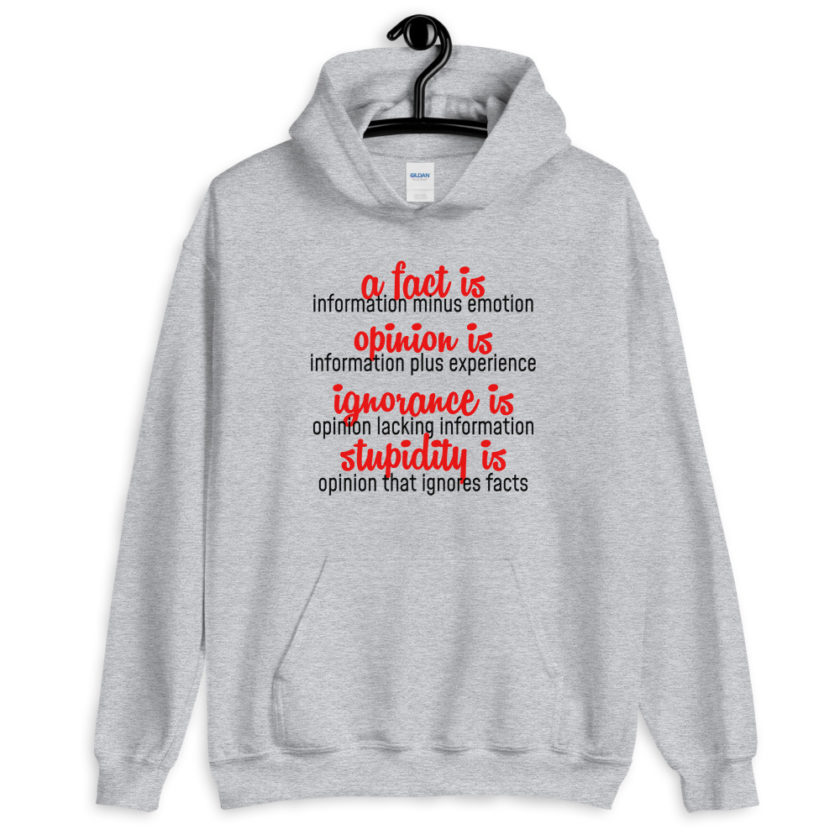 A fact is information minus emotion, opinion is information plus experience, Ignorance is opinion lacking information, stupidity is an opinion that ignores facts. Unisex Hoodie - Image 4