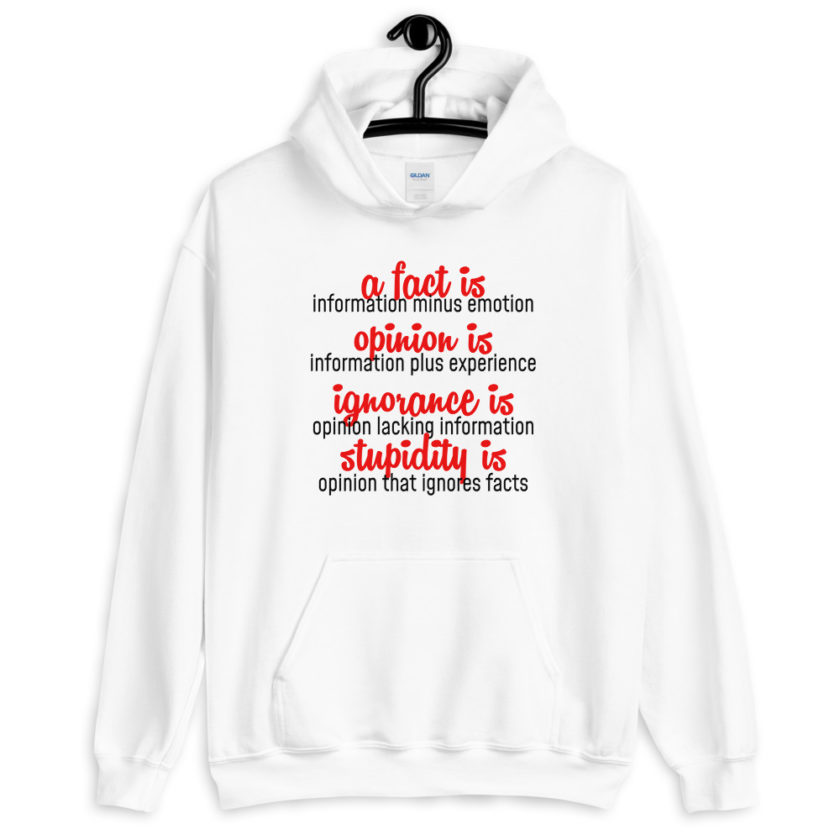 A fact is information minus emotion, opinion is information plus experience, Ignorance is opinion lacking information, stupidity is an opinion that ignores facts. Unisex Hoodie - Image 6