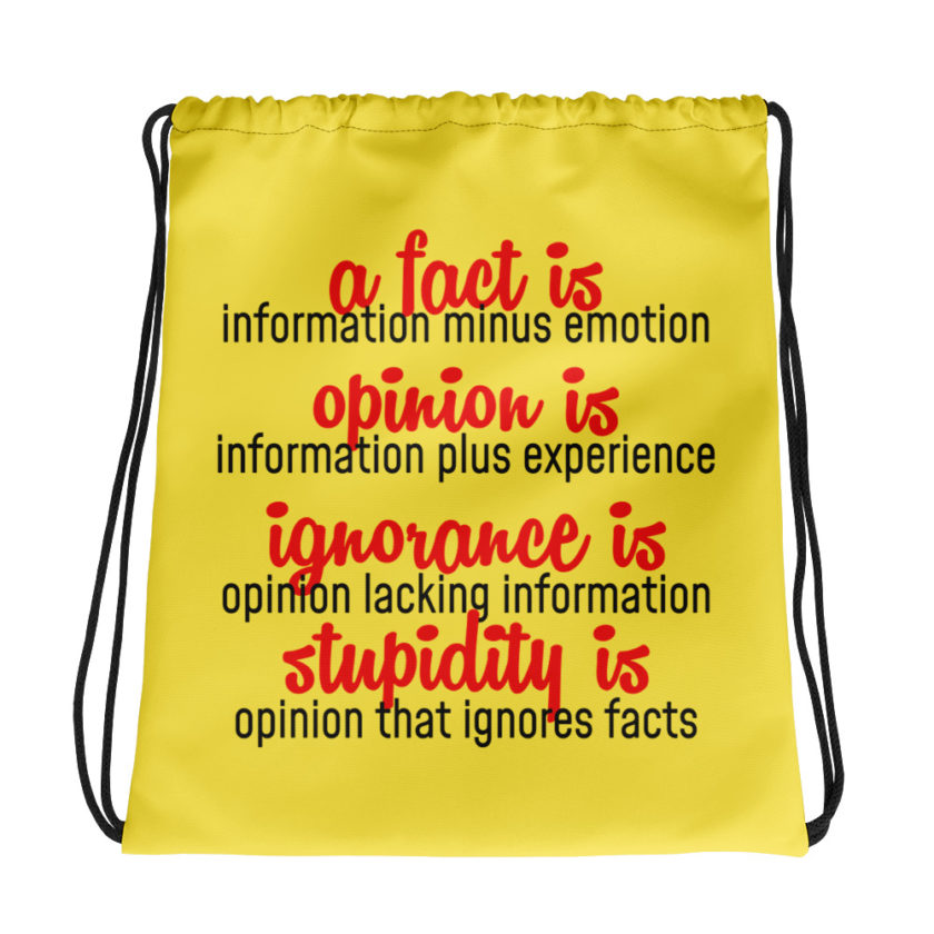 A fact is information minus emotion, opinion is information plus experience, Ignorance is opinion lacking information, stupidity is an opinion that ignores facts.  Drawstring bag