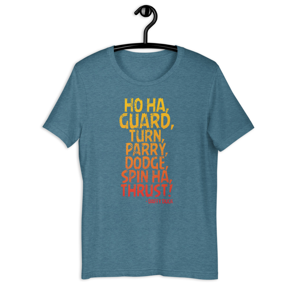 Ho ha, guard, turn, parry, dodge, spin ha, thrust! - Daffy Duck Short-Sleeve Unisex T-Shirt - Image 8
