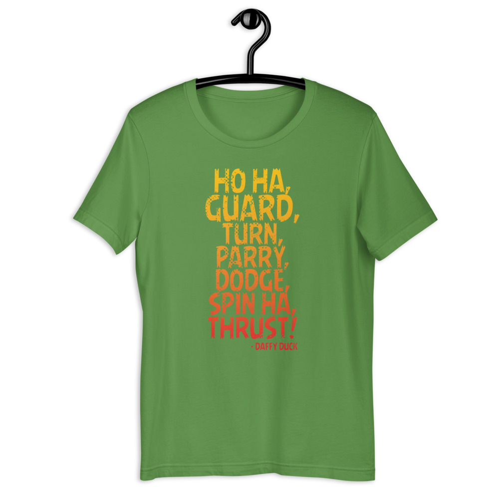 Ho ha, guard, turn, parry, dodge, spin ha, thrust! - Daffy Duck Short-Sleeve Unisex T-Shirt - Image 10
