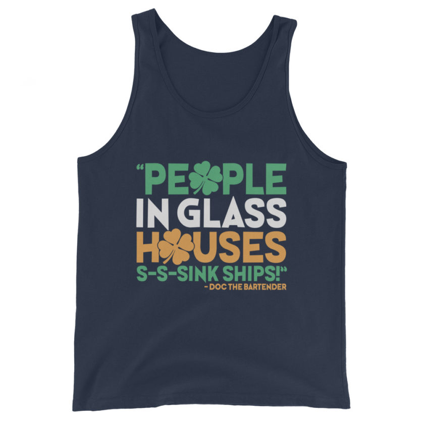 People in glass houses s-s-sink ships! Doc The Bartender Unisex Tank Top - Image 3