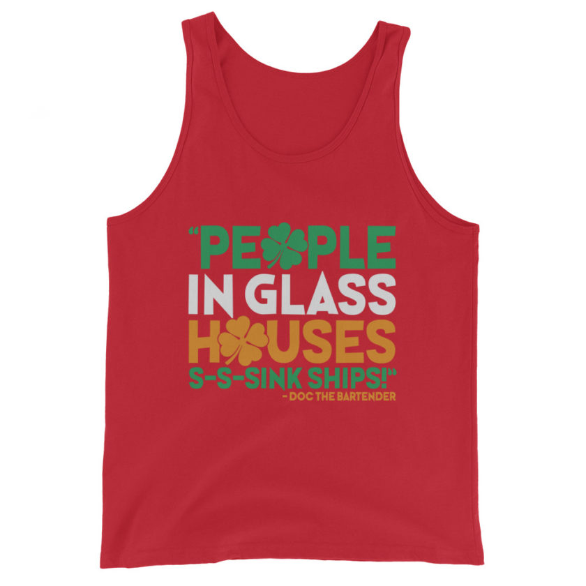 People in glass houses s-s-sink ships! Doc The Bartender Unisex Tank Top - Image 4