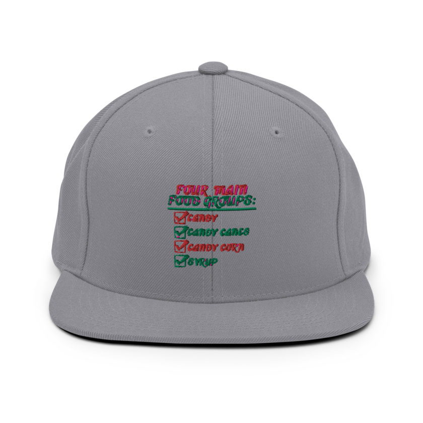 Four main food groups: candy, candy canes, candy corn, syrup -Elf Snapback Hat - Image 16