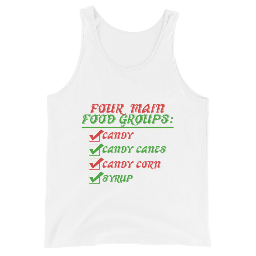Four main food groups: candy, candy canes, candy corn, syrup -Elf Unisex Tank Top - Image 8