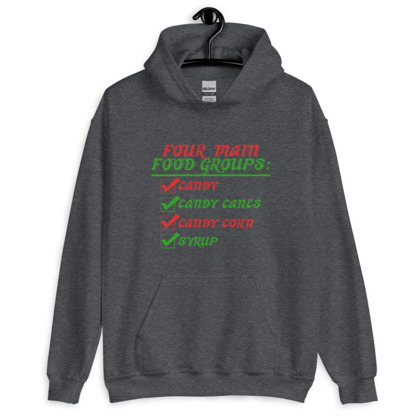 Four main food groups: candy, candy canes, candy corn, syrup -Elf Unisex Hoodie - Image 5
