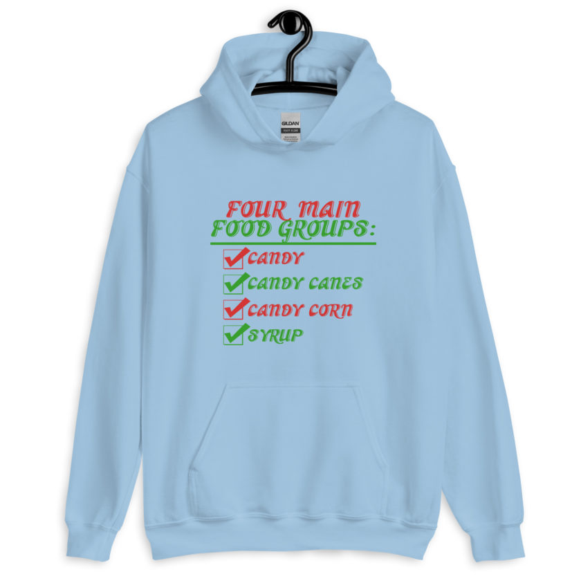 Four main food groups: candy, candy canes, candy corn, syrup -Elf Unisex Hoodie - Image 7