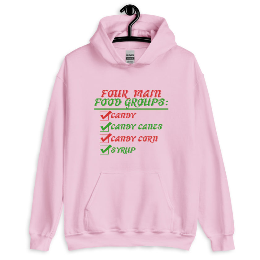 Four main food groups: candy, candy canes, candy corn, syrup -Elf Unisex Hoodie - Image 8