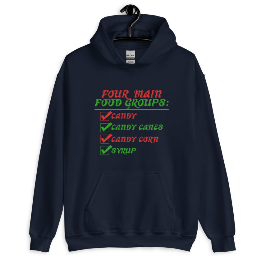 Four main food groups: candy, candy canes, candy corn, syrup -Elf Unisex Hoodie - Image 3