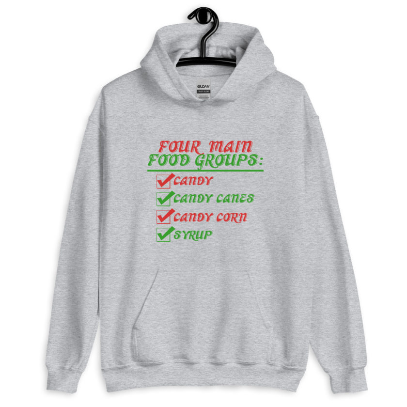 Four main food groups: candy, candy canes, candy corn, syrup -Elf Unisex Hoodie - Image 6