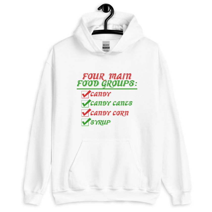 Four main food groups: candy, candy canes, candy corn, syrup -Elf Unisex Hoodie - Image 9