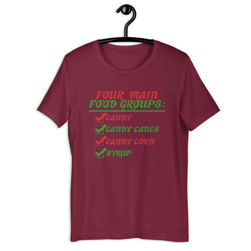 Four main food groups: candy, candy canes, candy corn, syrup -Elf Unisex t-shirt - Image 5