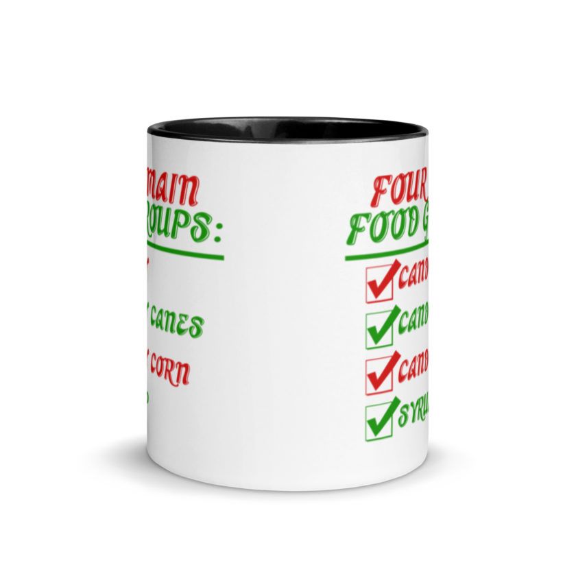 Four main food groups: candy, candy canes, candy corn, syrup -Elf Mug with Color Inside - Image 3