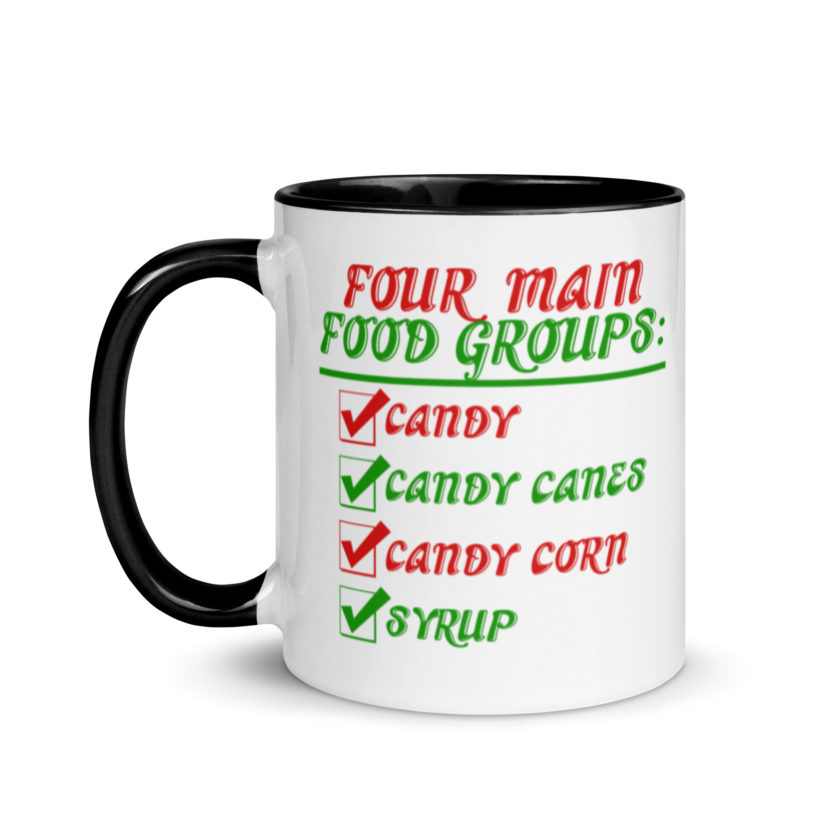 Four main food groups: candy, candy canes, candy corn, syrup -Elf Mug with Color Inside - Image 4