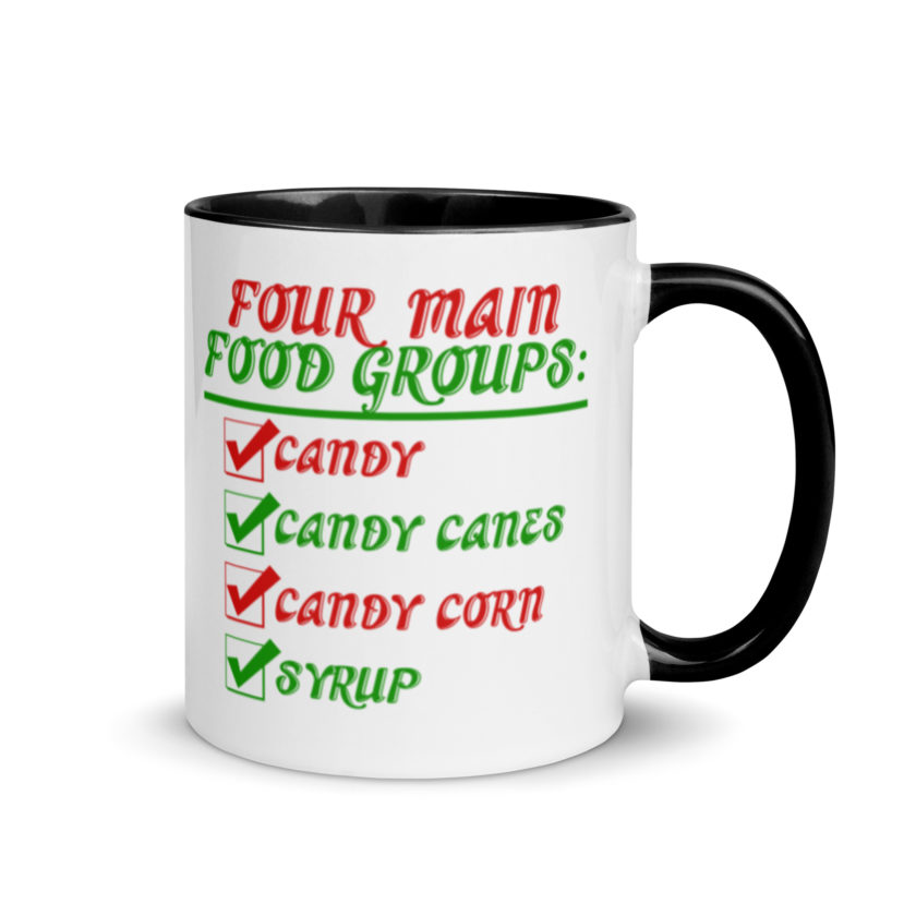 Four main food groups: candy, candy canes, candy corn, syrup -Elf Mug with Color Inside - Image 2