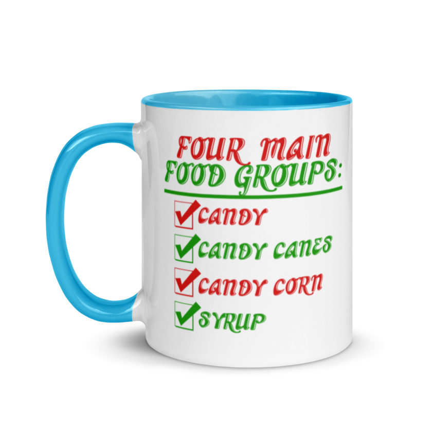 Four main food groups: candy, candy canes, candy corn, syrup -Elf Mug with Color Inside - Image 12