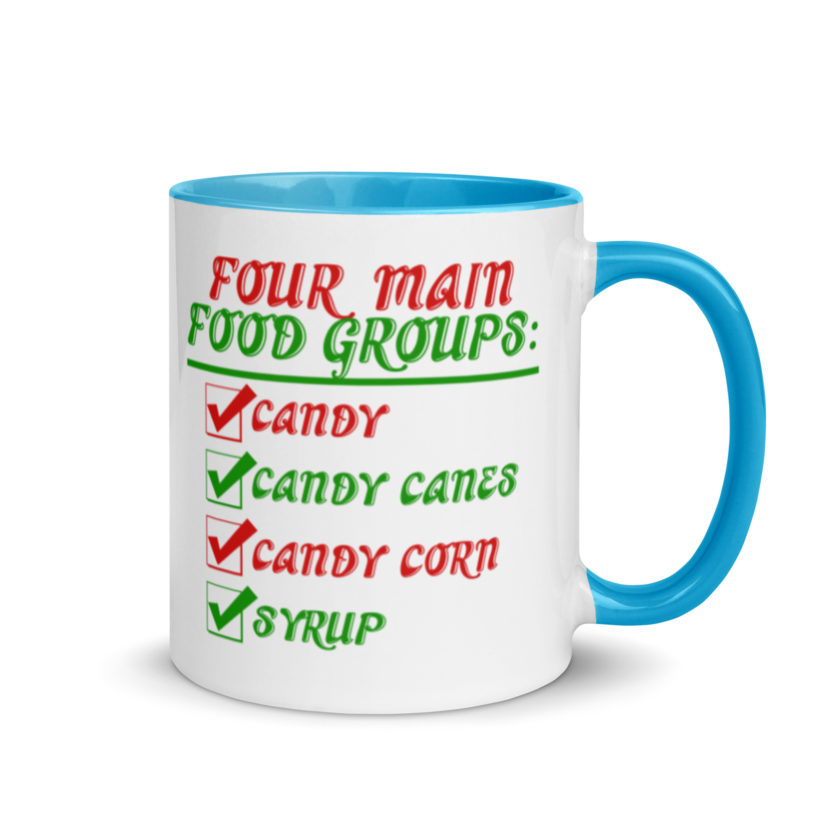 Four main food groups: candy, candy canes, candy corn, syrup -Elf Mug with Color Inside - Image 10