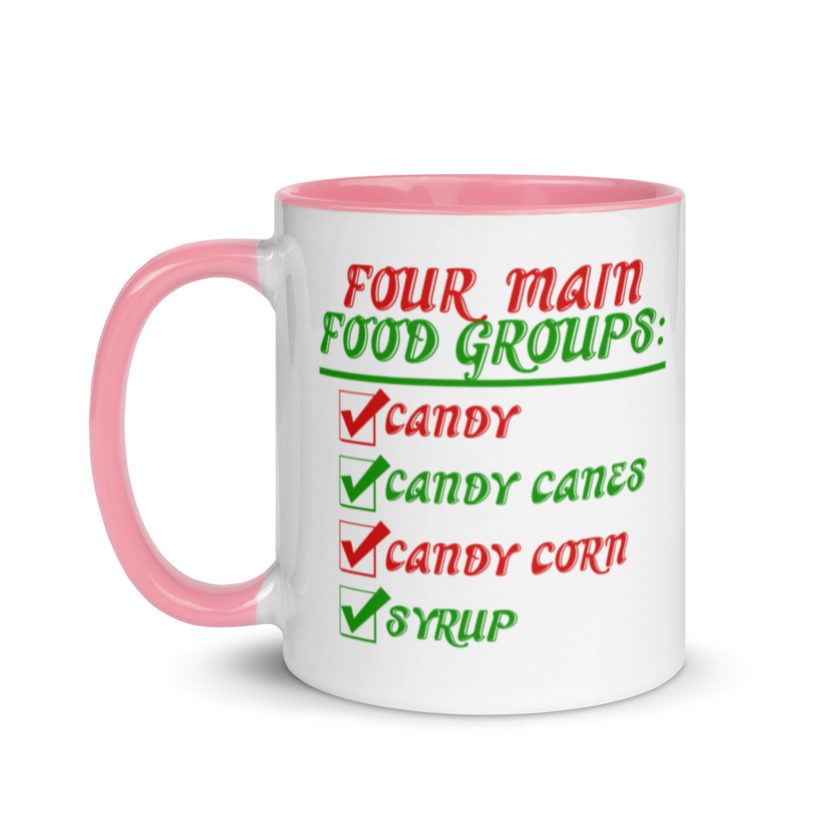 Four main food groups: candy, candy canes, candy corn, syrup -Elf Mug with Color Inside - Image 15