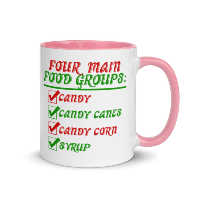Four main food groups: candy, candy canes, candy corn, syrup -Elf Mug with Color Inside - Image 13