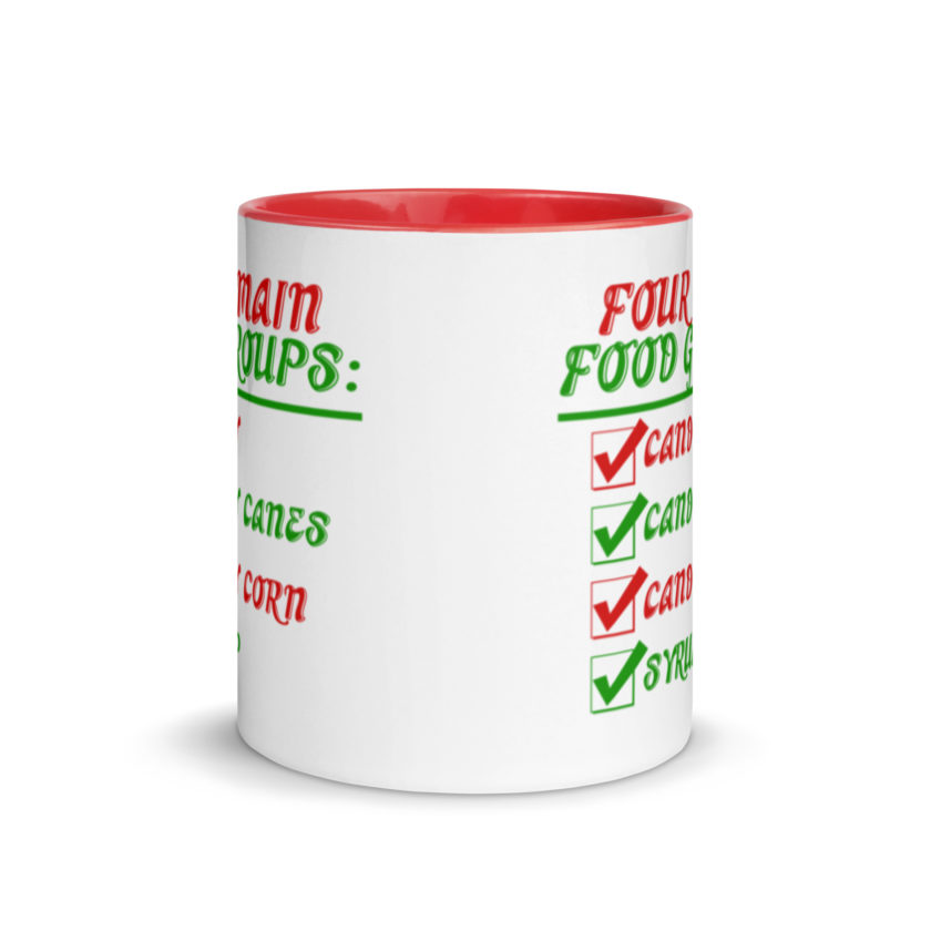 Four main food groups: candy, candy canes, candy corn, syrup -Elf Mug with Color Inside - Image 6
