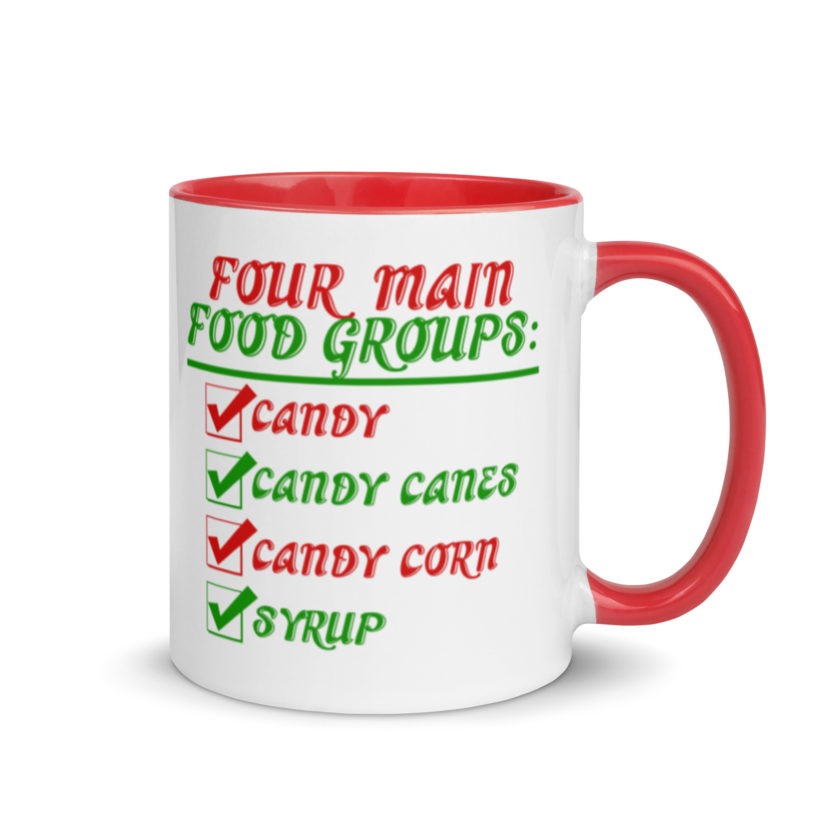 Four main food groups: candy, candy canes, candy corn, syrup -Elf Mug with Color Inside - Image 5