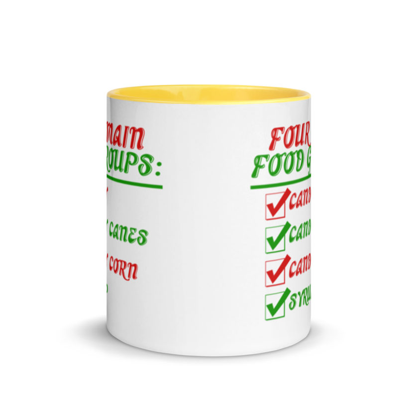 Four main food groups: candy, candy canes, candy corn, syrup -Elf Mug with Color Inside - Image 17