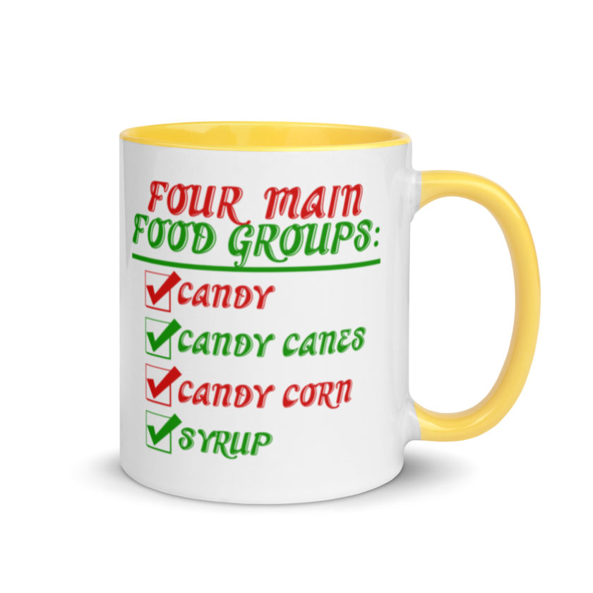 Four main food groups: candy, candy canes, candy corn, syrup -Elf Mug with Color Inside - Image 16