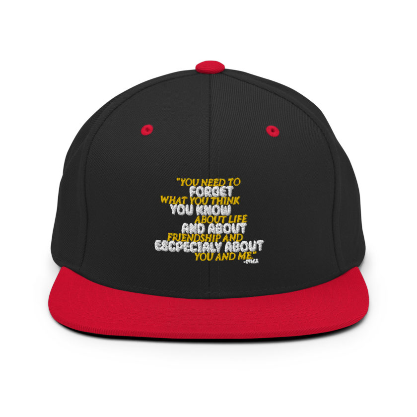 You need to forget what you think you know about life and about friendship and especially about you and me. -Tyler Durden, Fight Club Snapback Hat - Image 4