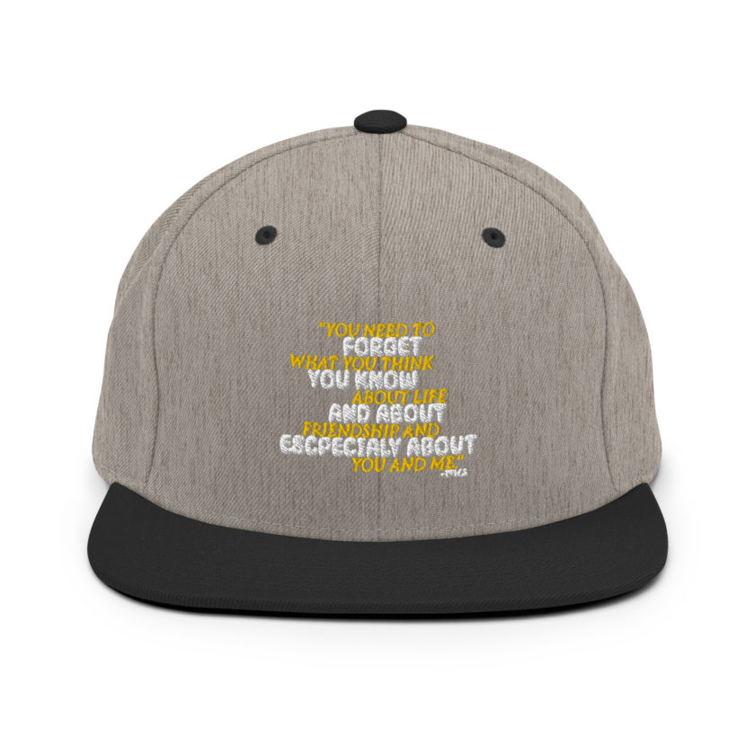 You need to forget what you think you know about life and about friendship and especially about you and me. -Tyler Durden, Fight Club Snapback Hat - Image 16
