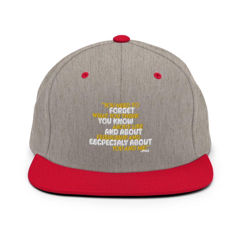 You need to forget what you think you know about life and about friendship and especially about you and me. -Tyler Durden, Fight Club Snapback Hat - Image 18
