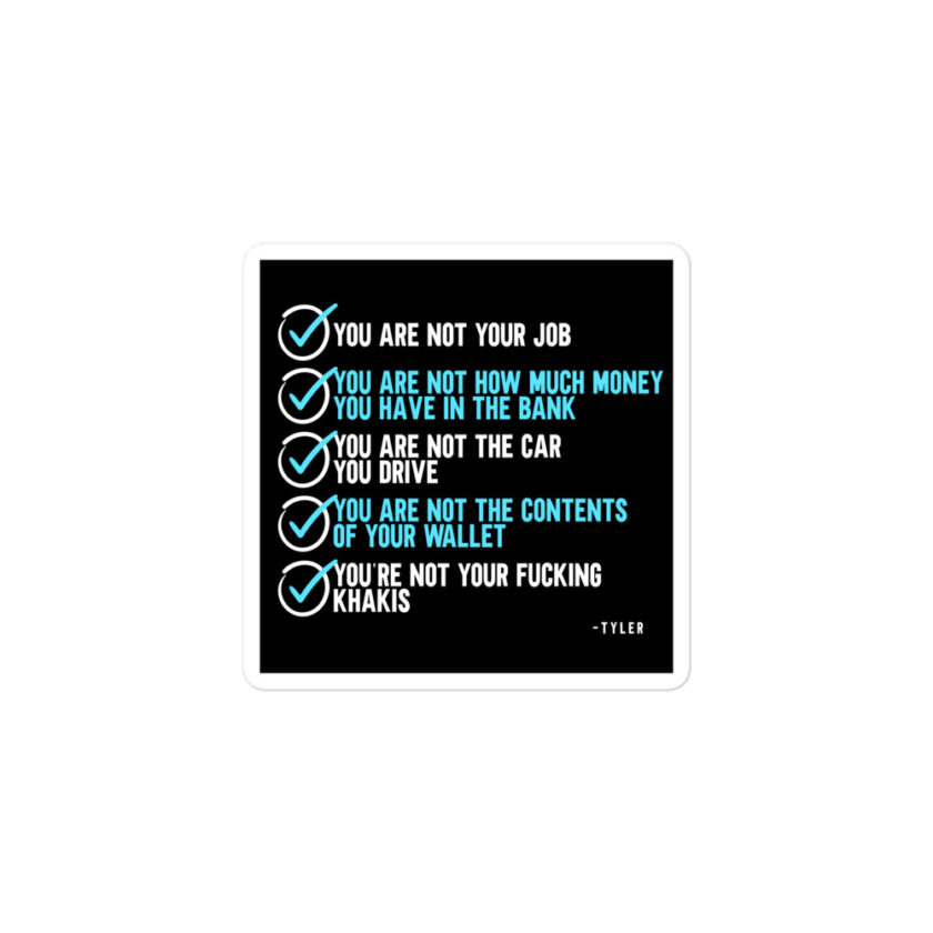 You are not your job. You are not how much money you have in the bank. -Tyler Durden, Fight Club Bubble-free stickers - Image 2