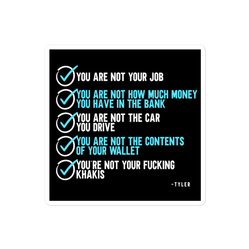 You are not your job. You are not how much money you have in the bank. -Tyler Durden, Fight Club Bubble-free stickers