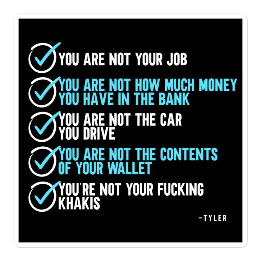 You are not your job. You are not how much money you have in the bank. -Tyler Durden, Fight Club Bubble-free stickers - Image 3